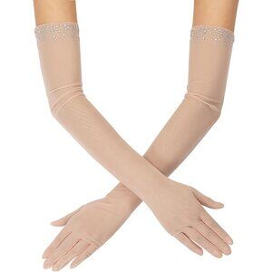 Women's Sexy Pearl Beaded Dusty Pink Long Gloves Tulle Mesh Wedding Party Prom